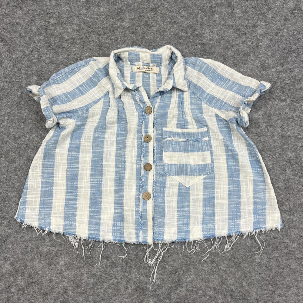 We The Free Shirt Womens S Blue White Stripe Cropped Button Front Top Casual